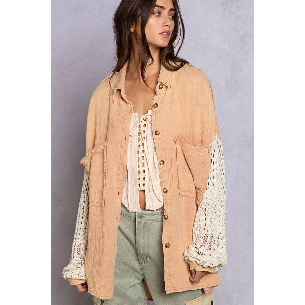 Freckled Poppy X POL Oversized Crocheted‎ Lightweight Shacket Womens M Boho Pink